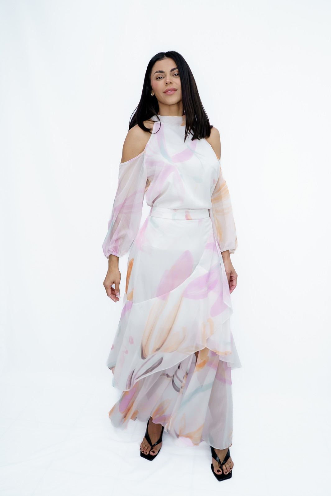 Blusa com Abertura nos Ombros Estampada Lavanda Ramo Selvagem