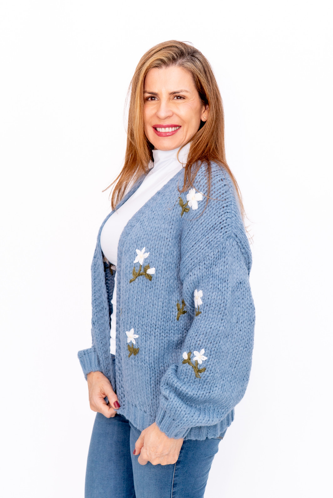 Casaco Tricot Bordado Azul