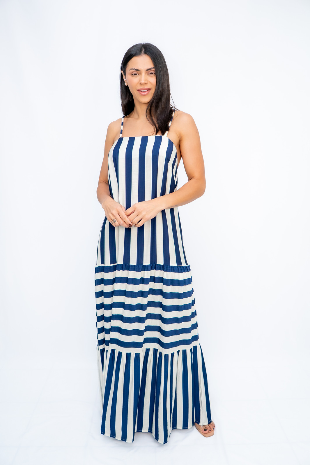 Vestido Longo Listras Alças de Corda Azul Marinho