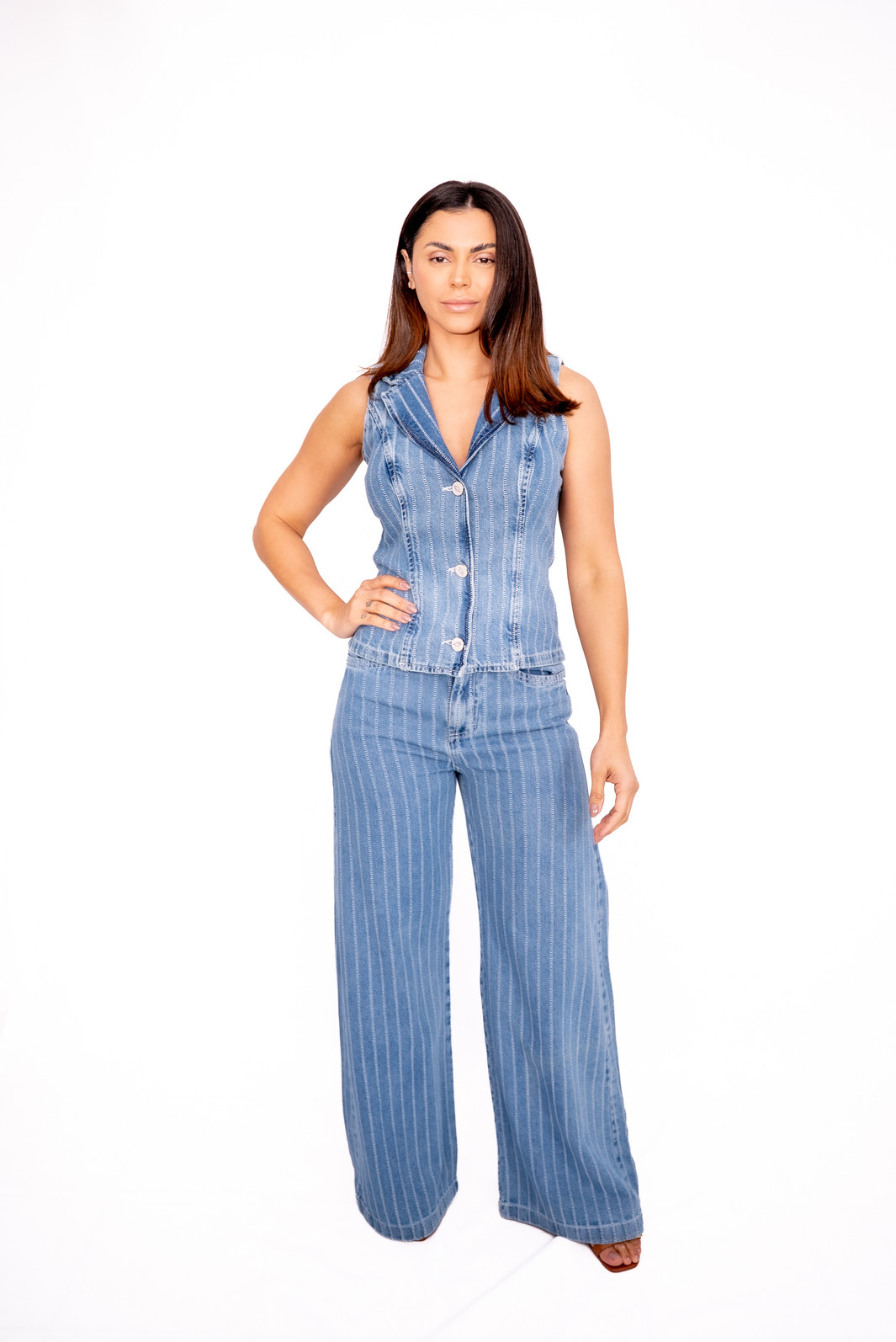 Calça Wide Leg com Listras Jeans Clara Bana Bana