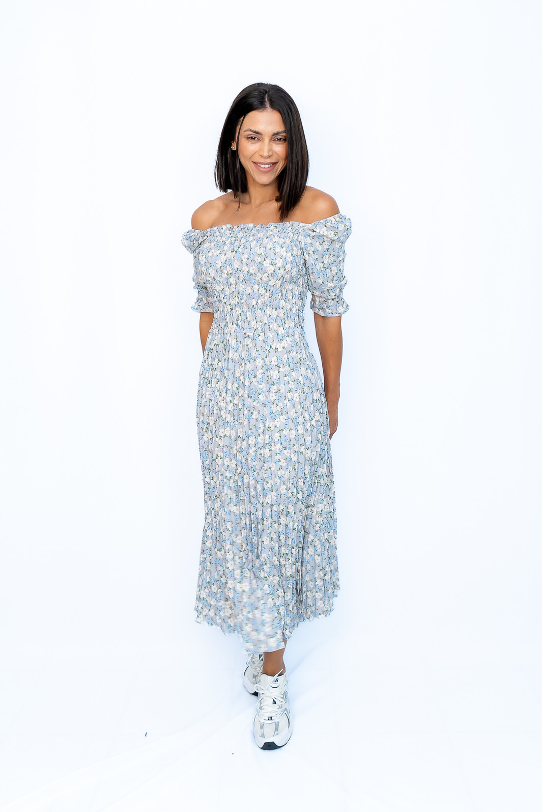 Vestido Plissado Floral Azul