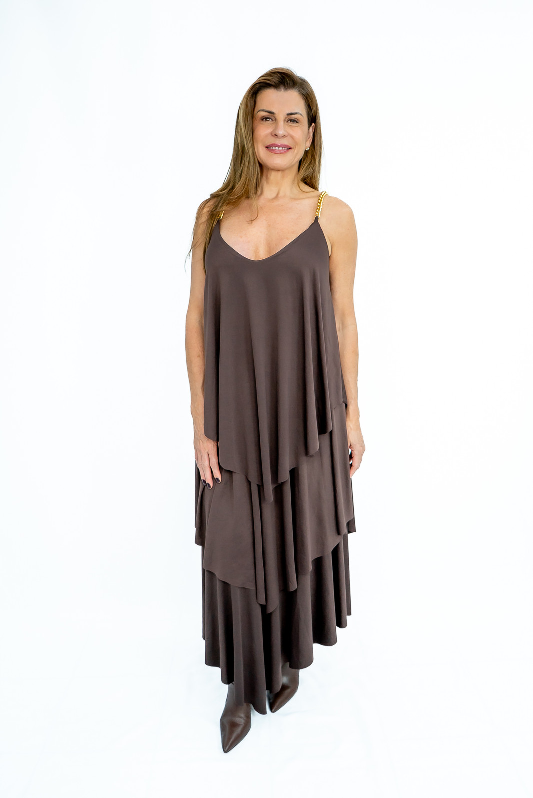 Vestido Babados Alças Correntes Fluity Marrom