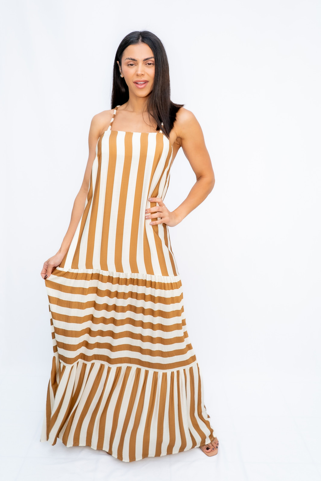 Vestido Longo Listras Alças de Corda Bege