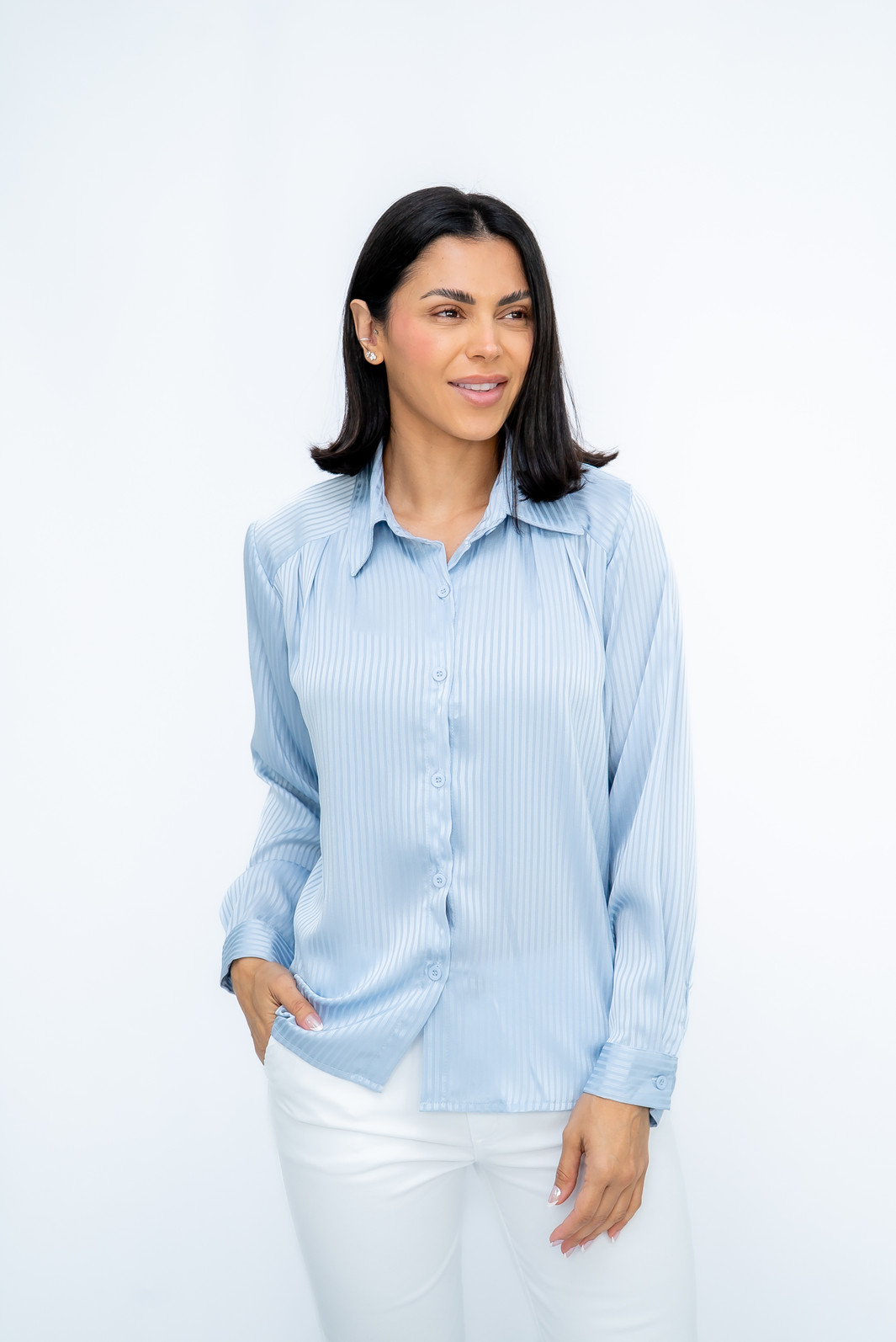 Camisa acetinada com Listras Azul