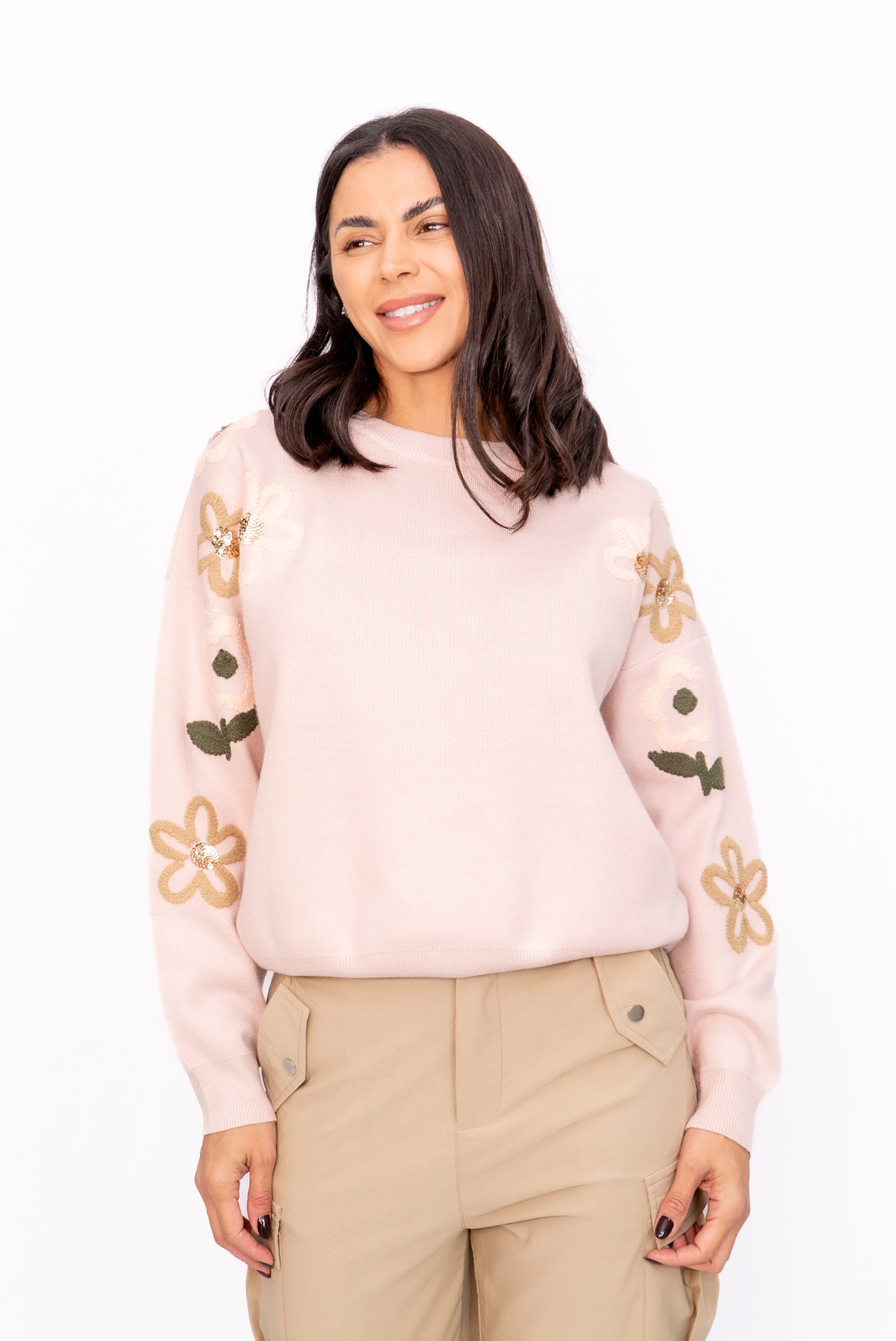 Blusa Modal Bordada nas Mangas Rosê
