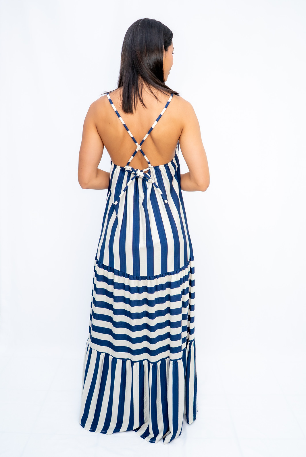 Vestido Longo Listras Alças de Corda Azul Marinho