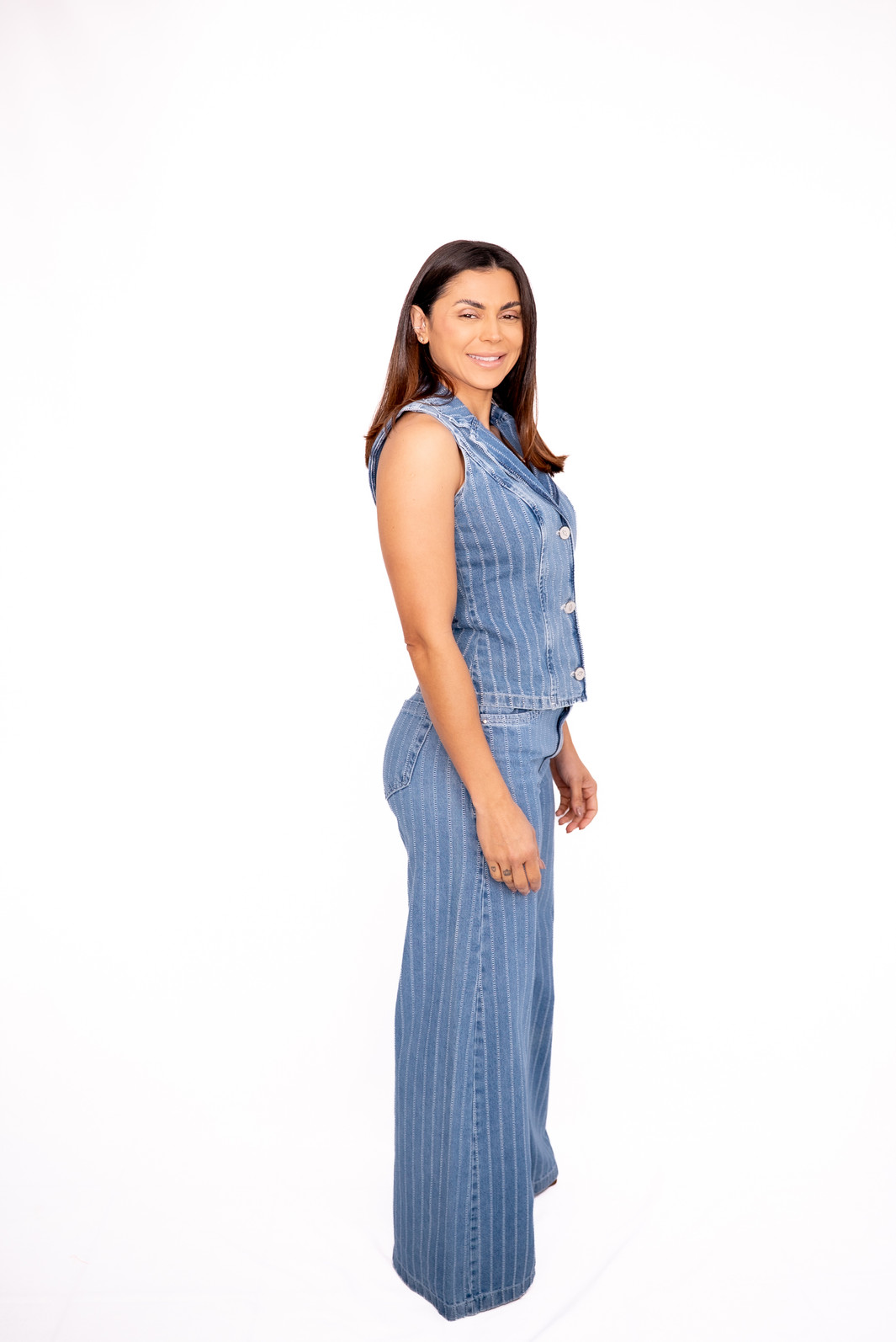 Calça Wide Leg com Listras Jeans Clara Bana Bana