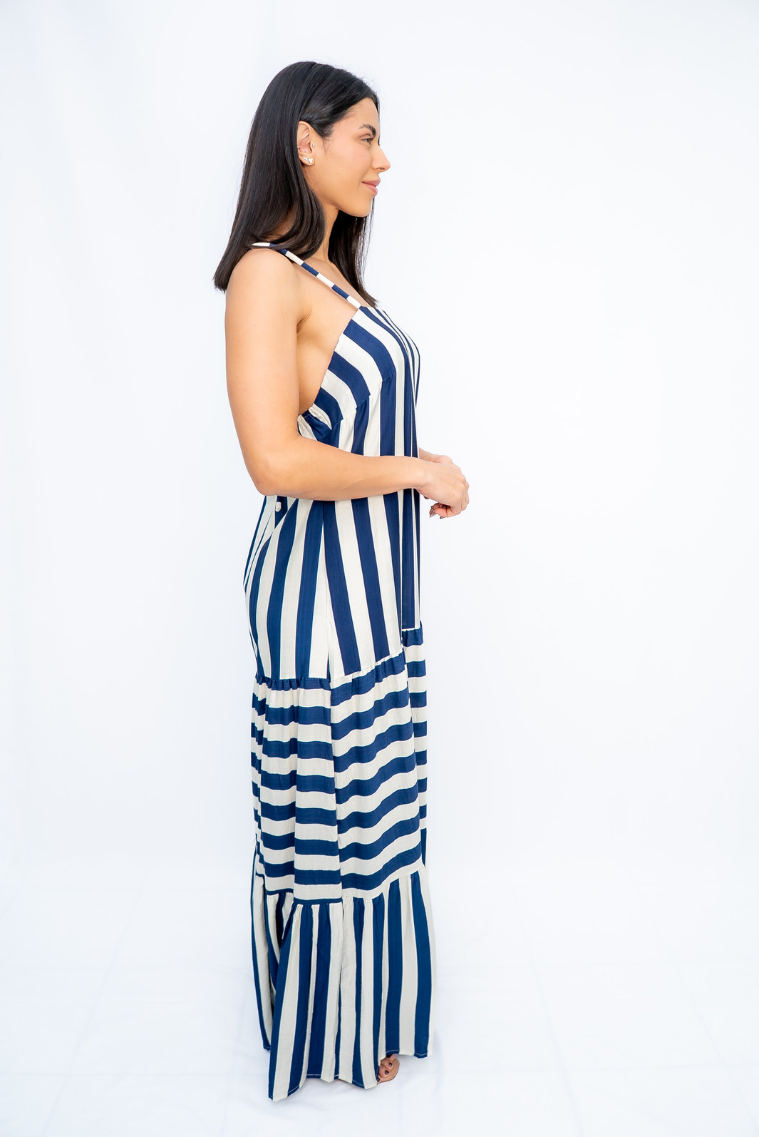 Vestido Longo Listras Alças de Corda Azul Marinho