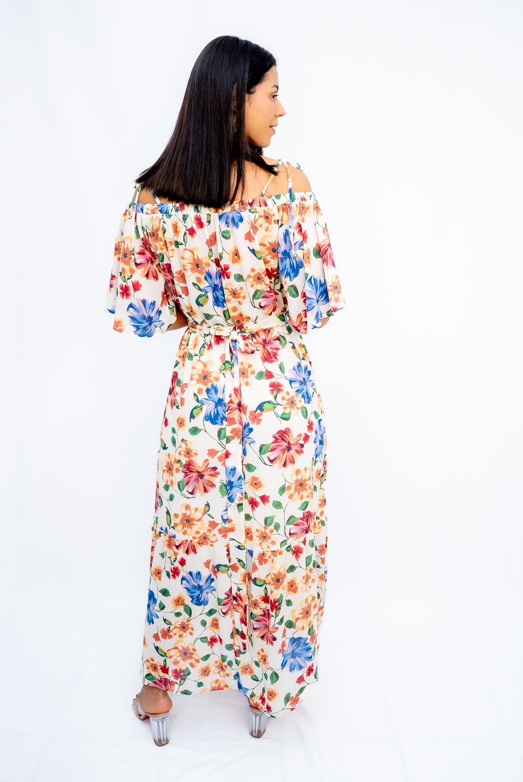 Vestido Longo Floral Manga Cigana Nude