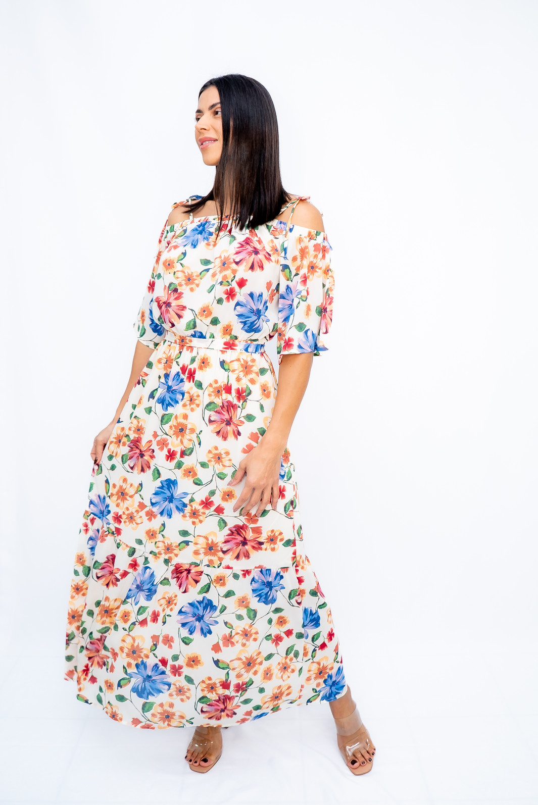 Vestido Longo Floral Manga Cigana Nude