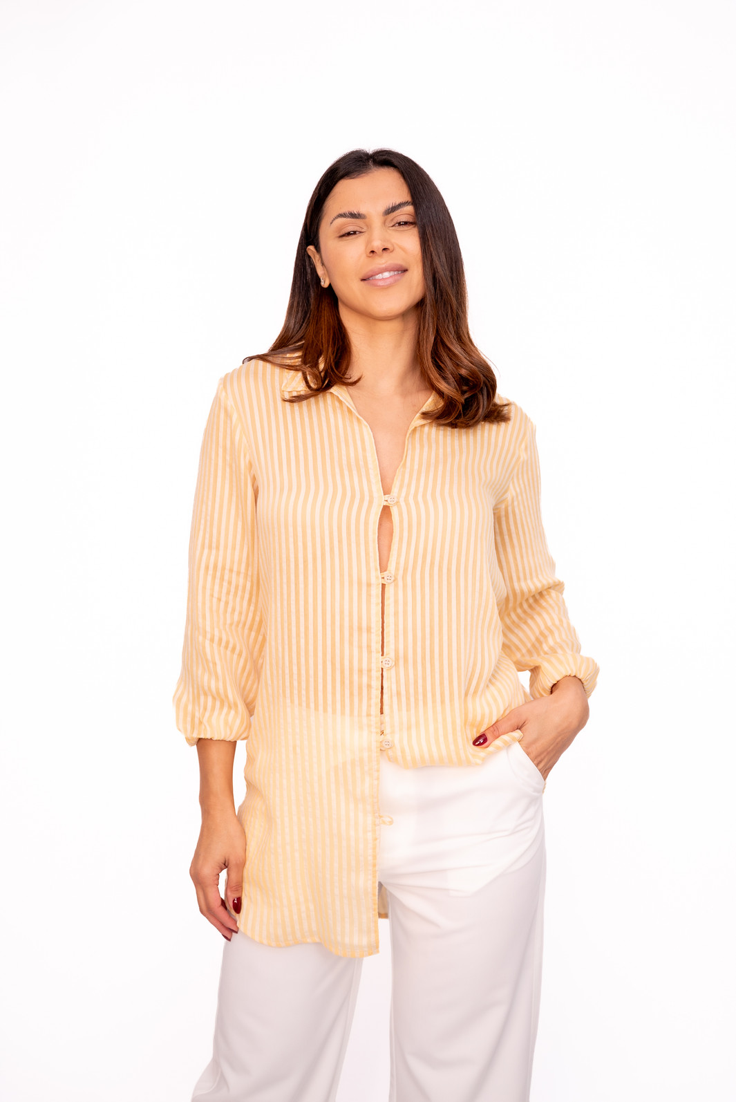 Camisa Alongada Listras Amarela Bana Bana