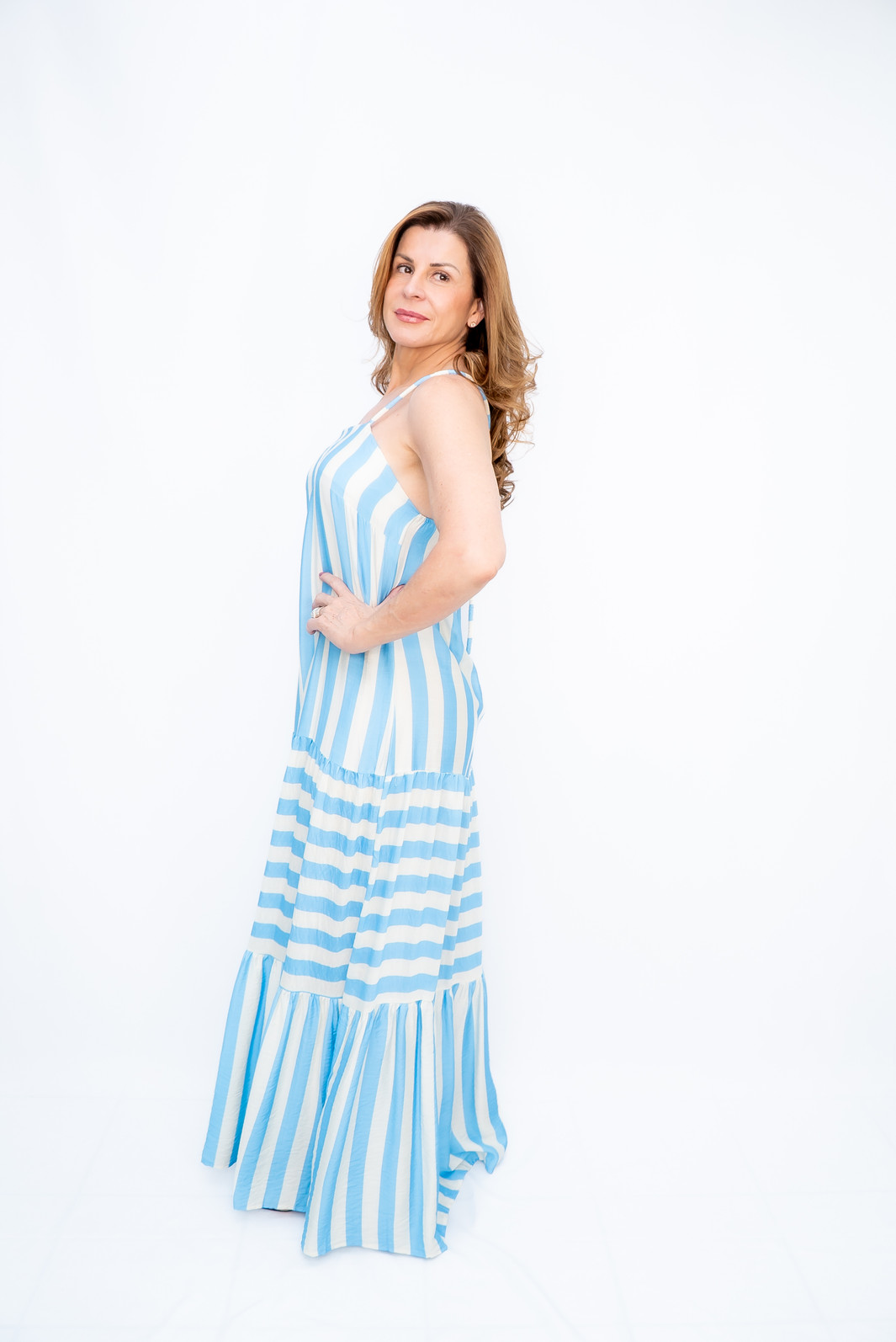 Vestido Longo Listras Alças de Corda Azul