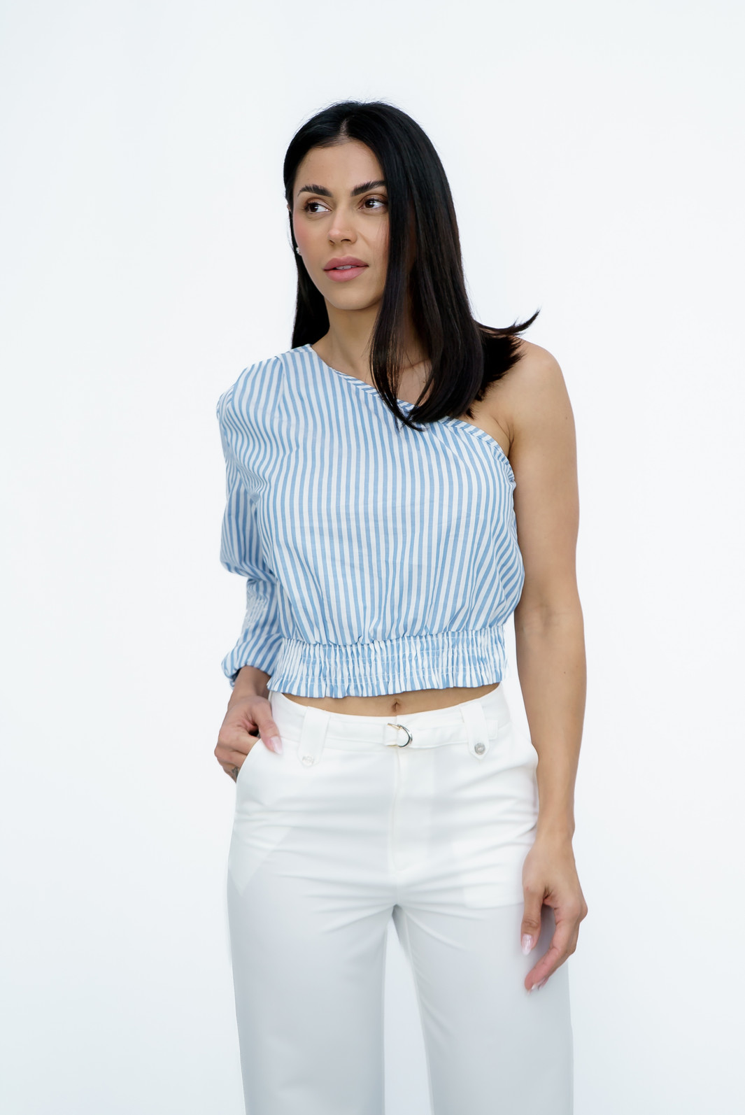 Top Nula Manga Listras com Bordado Azul Bana Bana