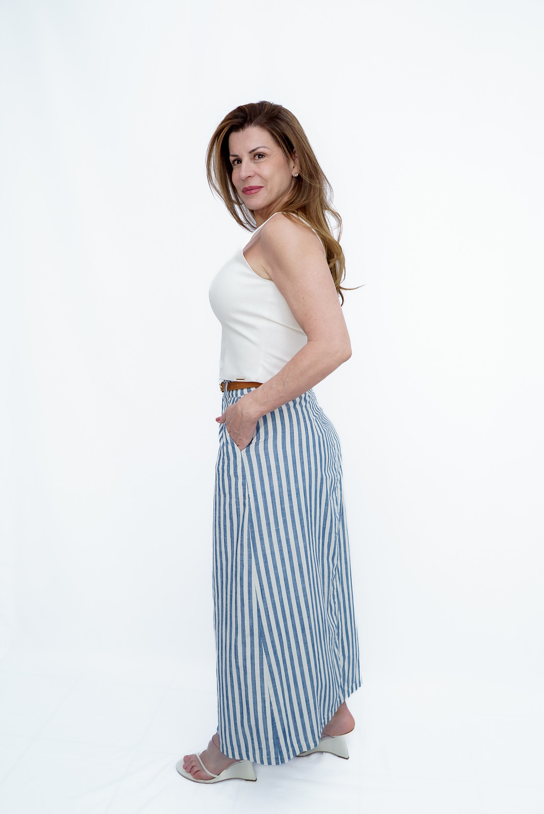 Saia Longa com Cinto de Listra Azul Bana Bana