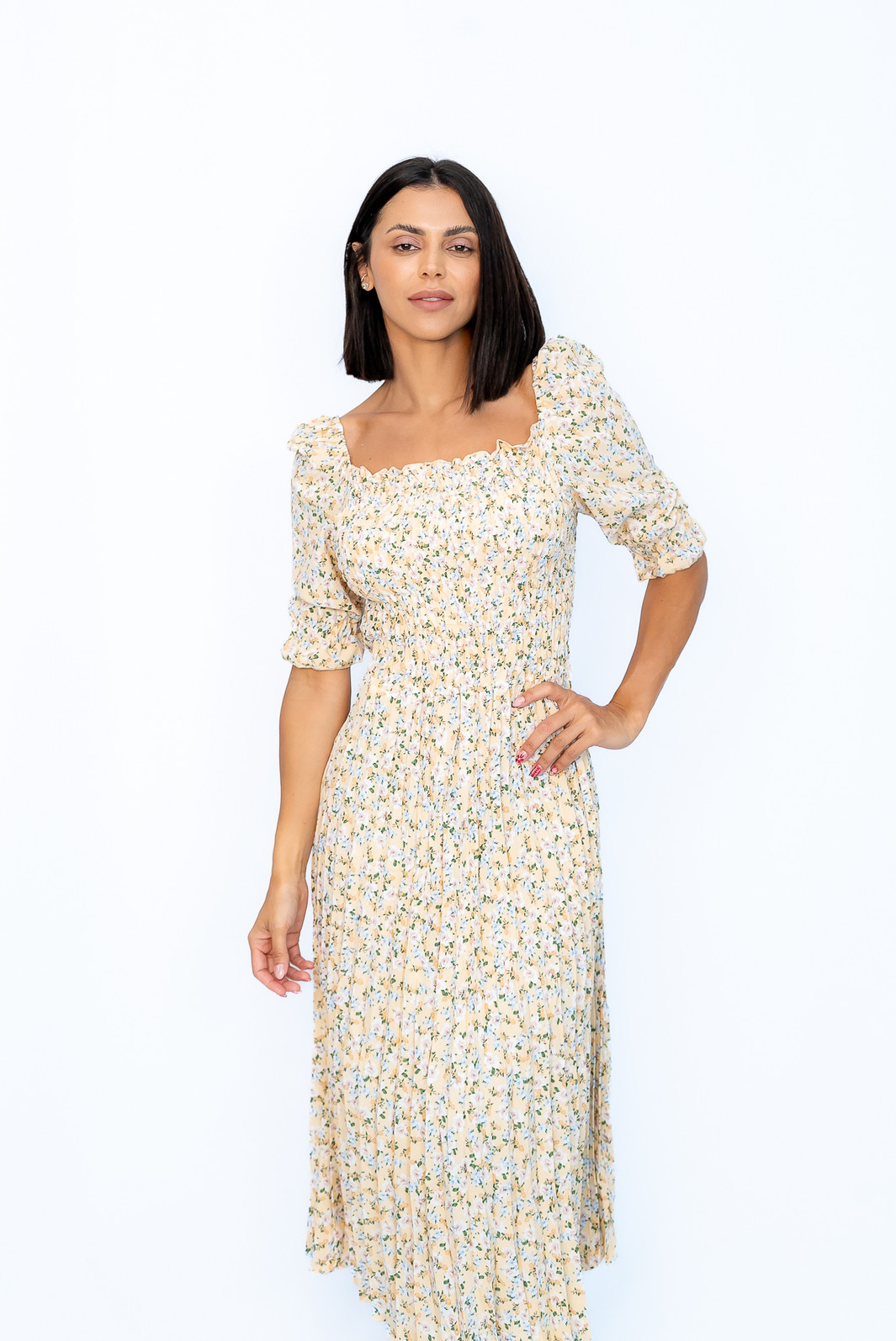 Vestido Plissado Floral Amarelo