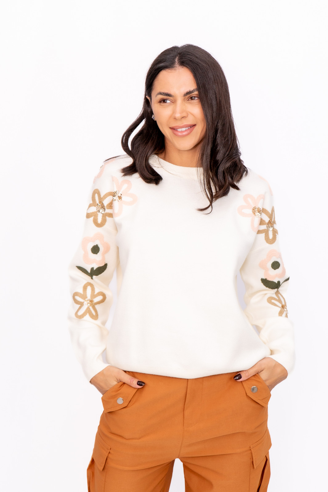 Blusa Modal Bordada nas Mangas Off Whitte