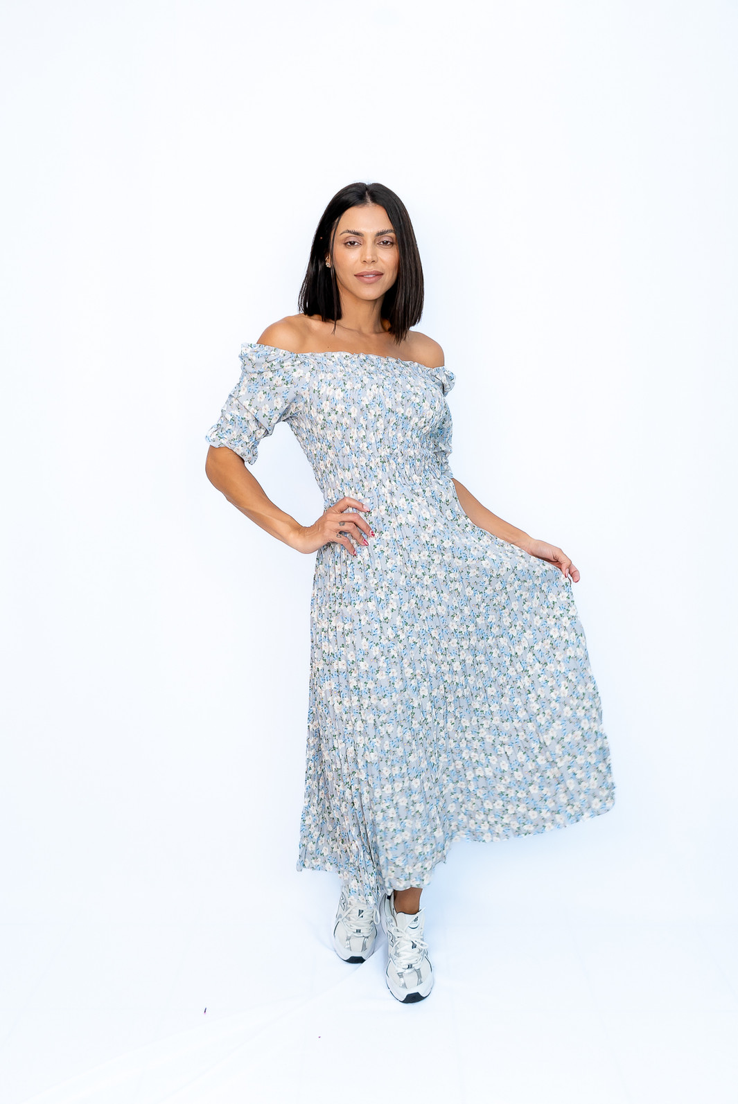 Vestido Plissado Floral Azul