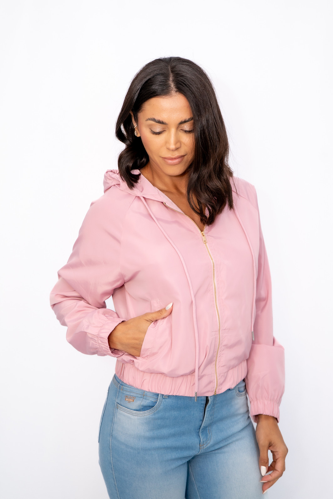 Jaqueta Corta Vento Capuz Lisa Rosa