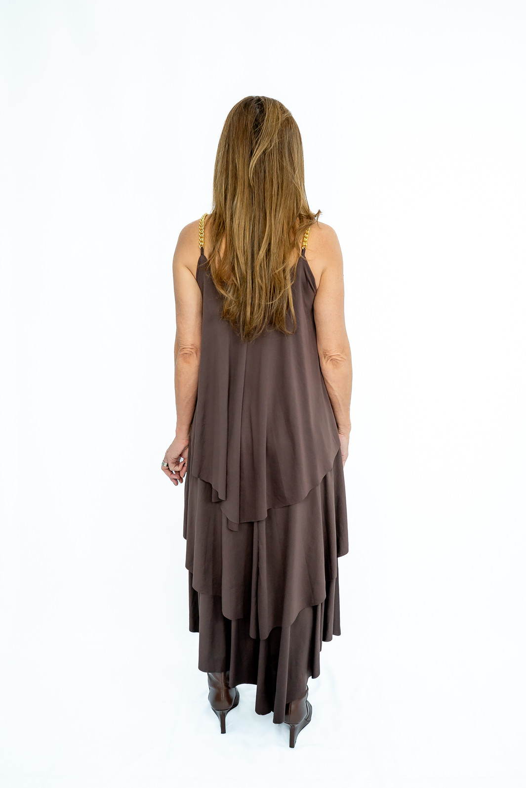 Vestido Babados Alças Correntes Fluity Marrom