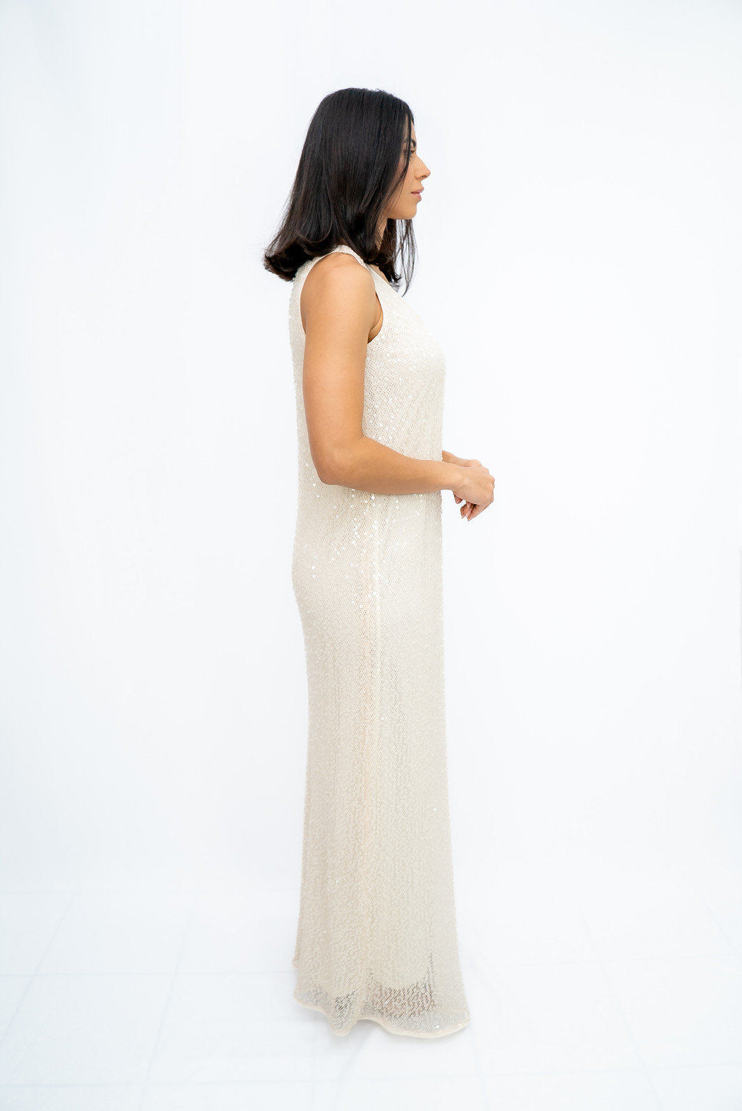 Vestido Longo Paête com Forro Bege Ramo Selvagem Vestido Longo Paête com Forro Bege Ramo Selvagem