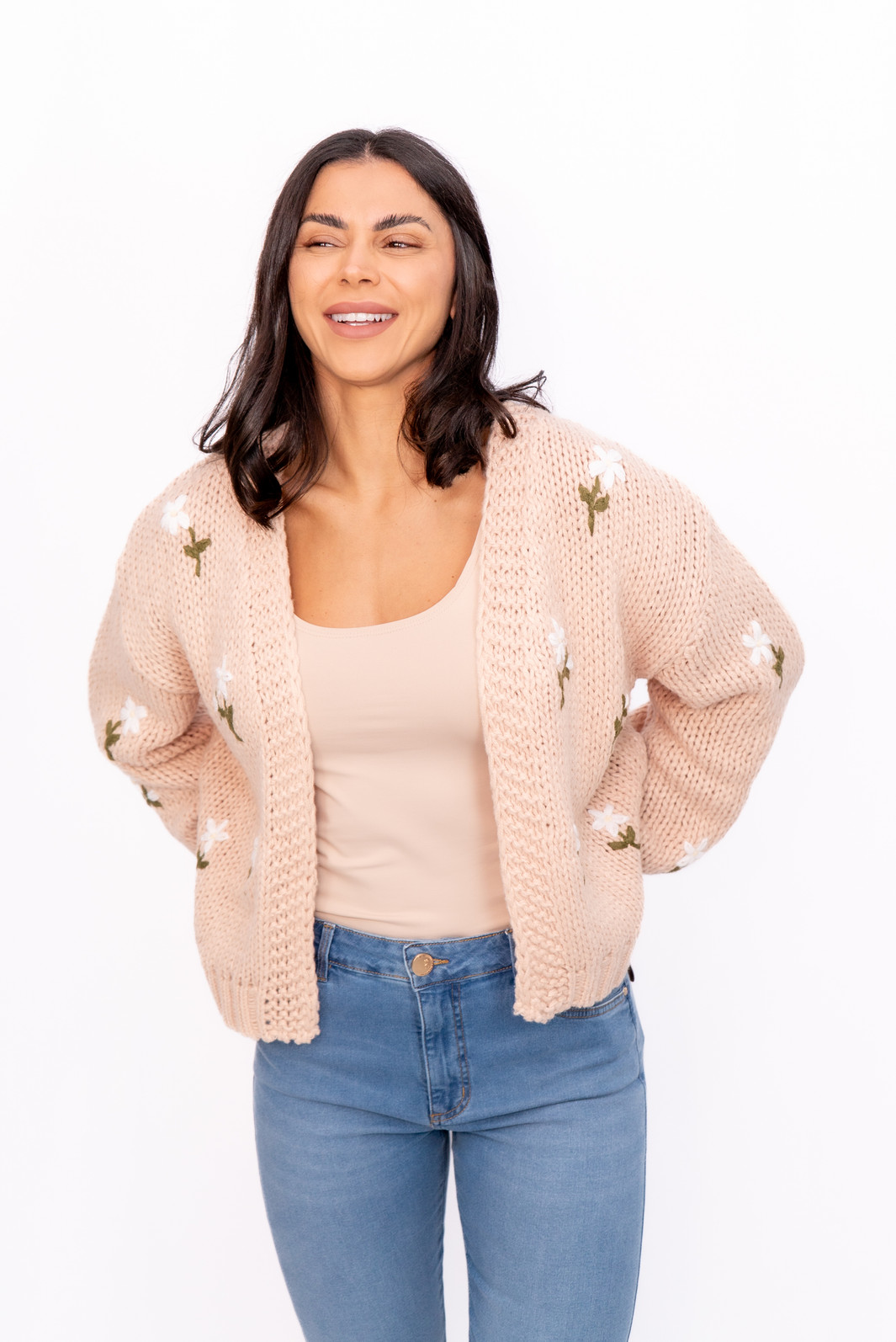 Casaco Tricot Bordado Bege