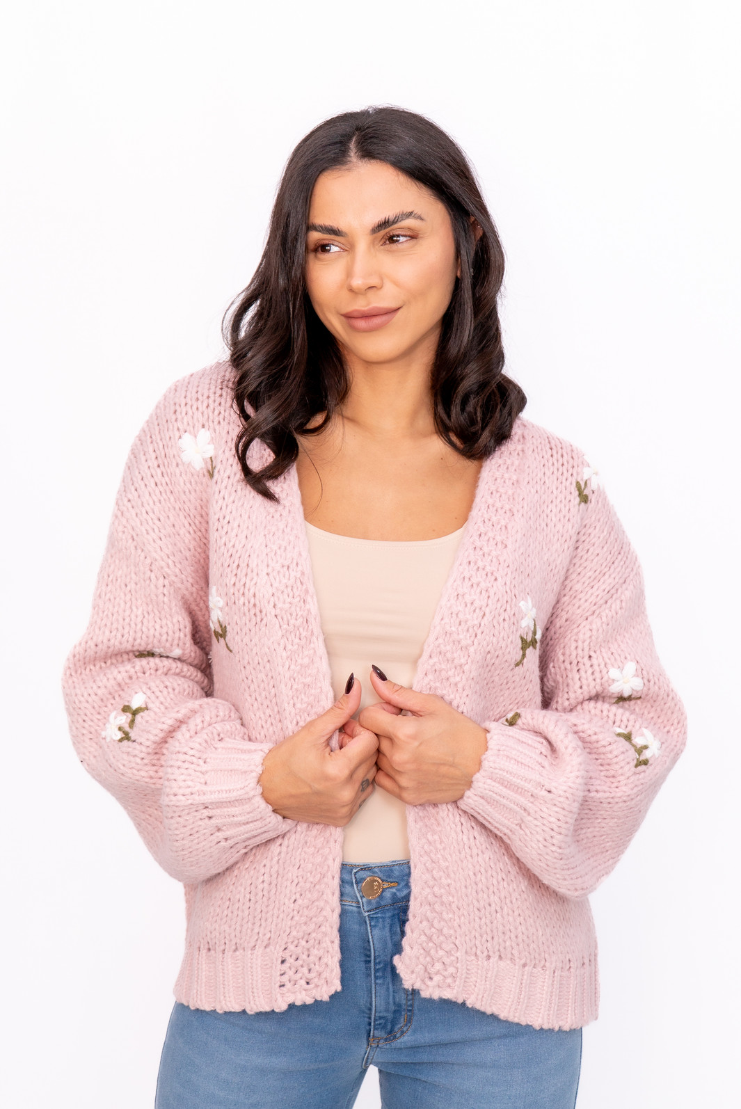 Casaco Tricot Bordado Rosa