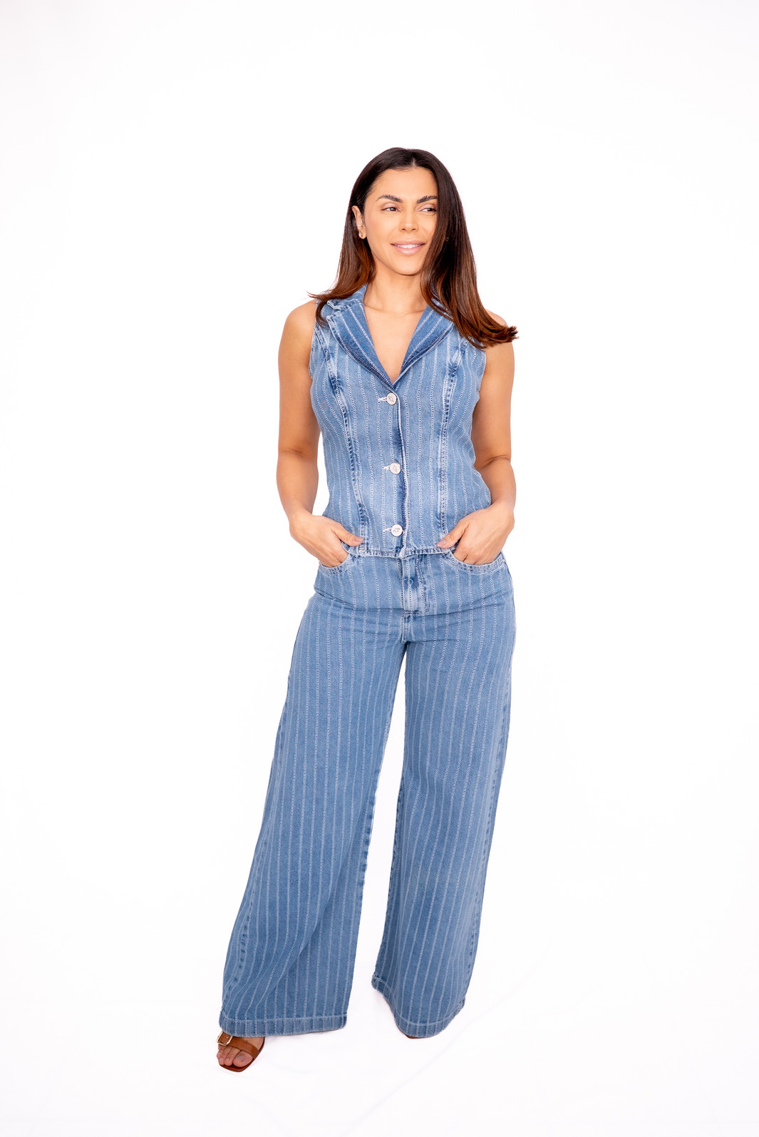 Calça Wide Leg com Listras Jeans Clara Bana Bana