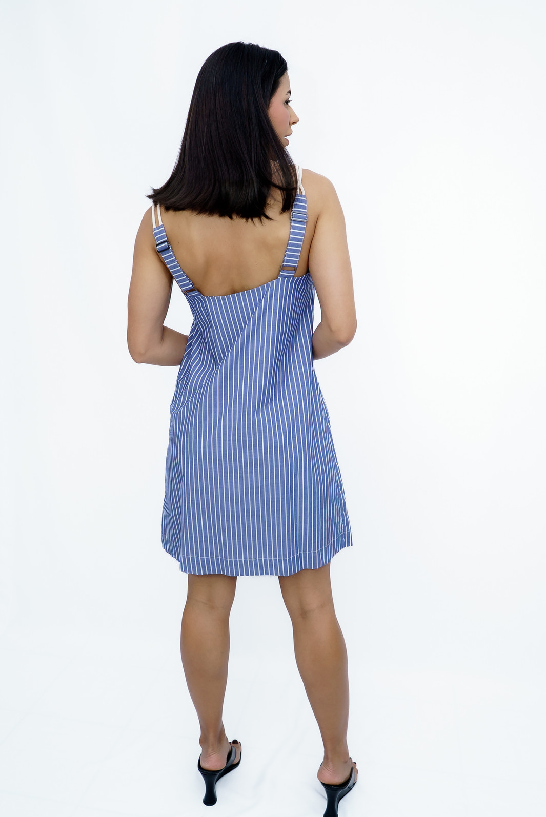 Vestido Curto Tricoline Listrado Azul Ramo Selvagem