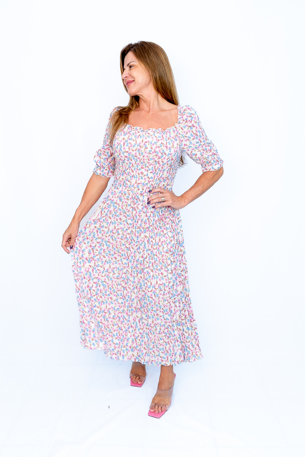 Vestido Plissado Floral Rosa