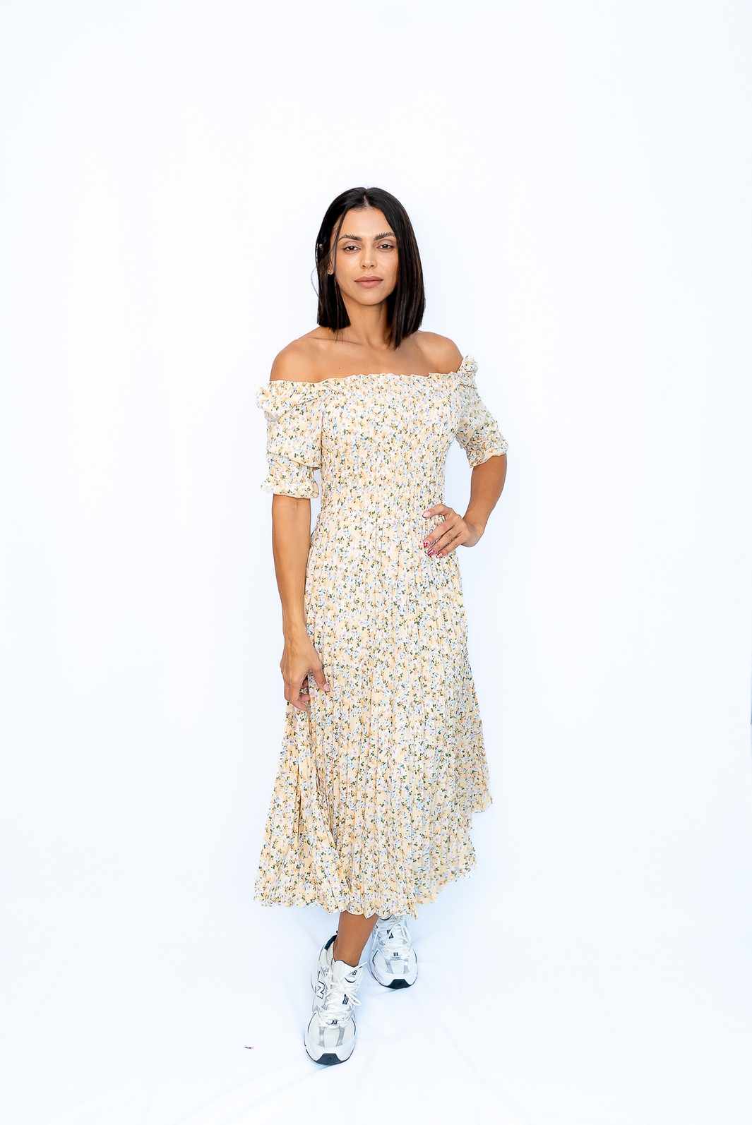 Vestido Plissado Floral Amarelo