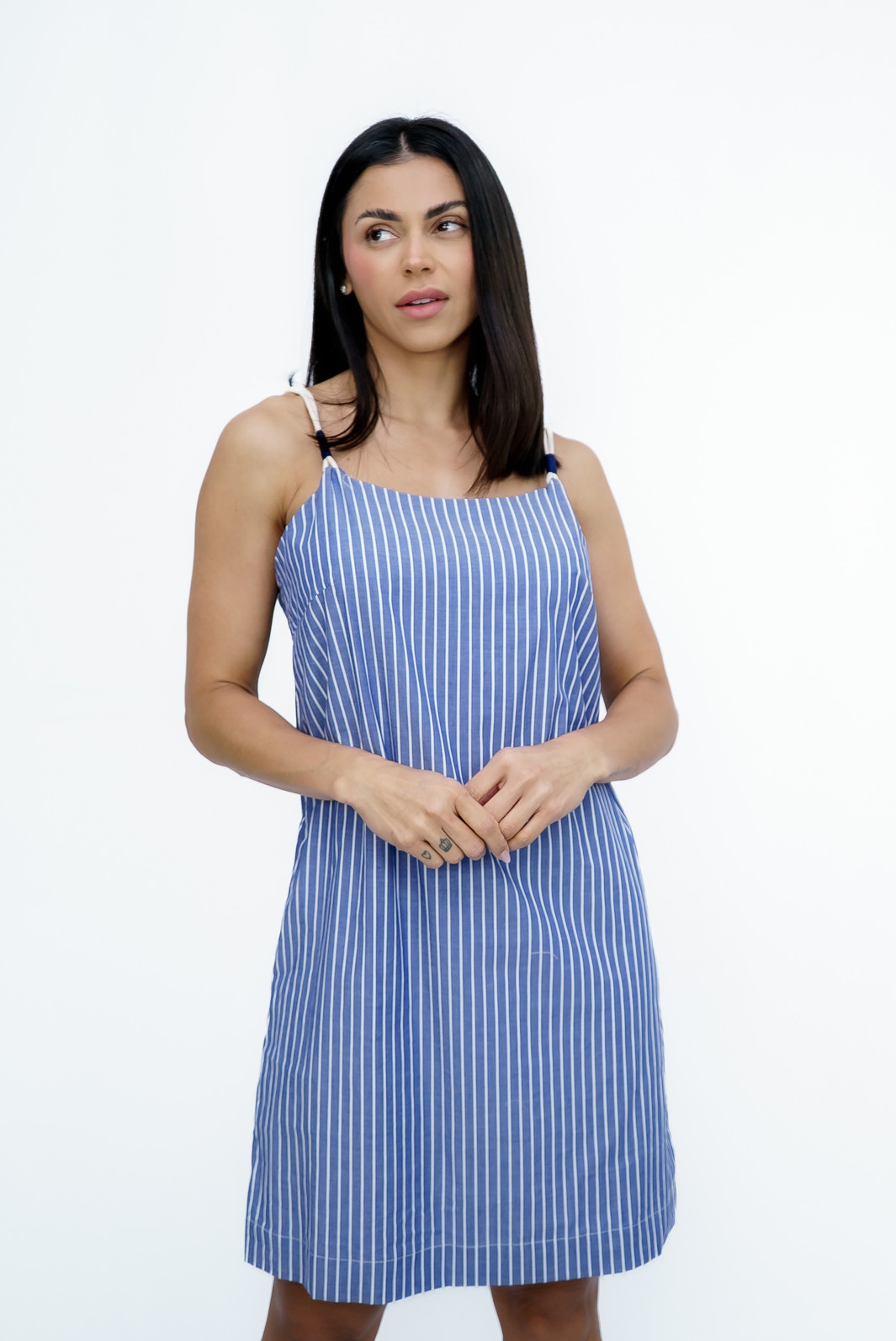 Vestido Curto Tricoline Listrado Azul Ramo Selvagem