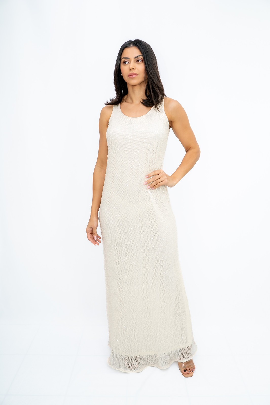 Vestido Longo Paête com Forro Bege Ramo Selvagem Vestido Longo Paête com Forro Bege Ramo Selvagem