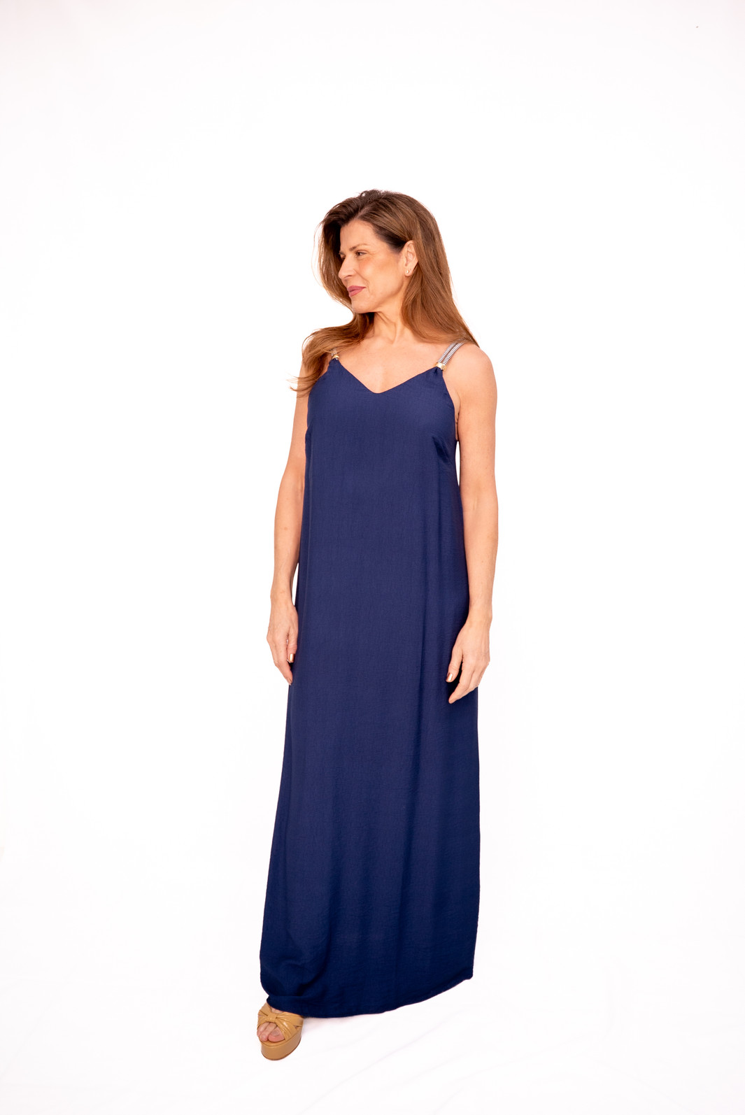 Vestido Longo Alças Corda Naútica Azul Marinho Bana Bana