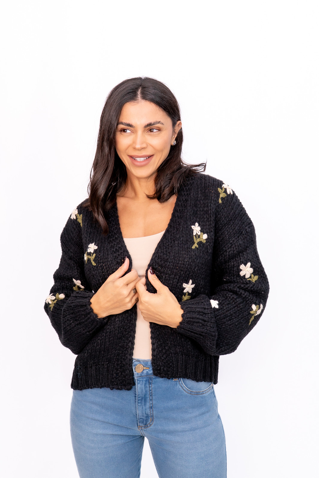 Casaco Tricot Bordado Preto