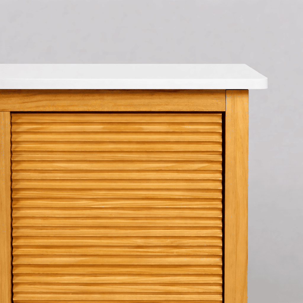 Cômoda Zig 4 Gavetas e 1 Porta de Madeira Maciça Mel com Tampo Branco Cômoda Zig 4 Gavetas e 1 Porta de Madeira Maciça Mel com Tampo Branco