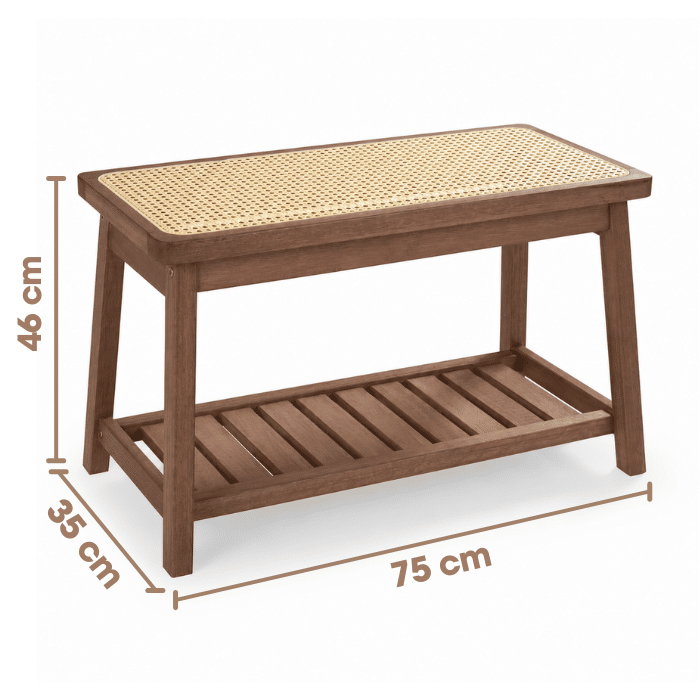 Banco Sapateira com Prateleira Ripada 75cm em Madeira Maciça e Rattan Cor Imbuia Banco Sapateira com Prateleira Ripada 75cm em Madeira Maciça e Rattan Cor Imbuia