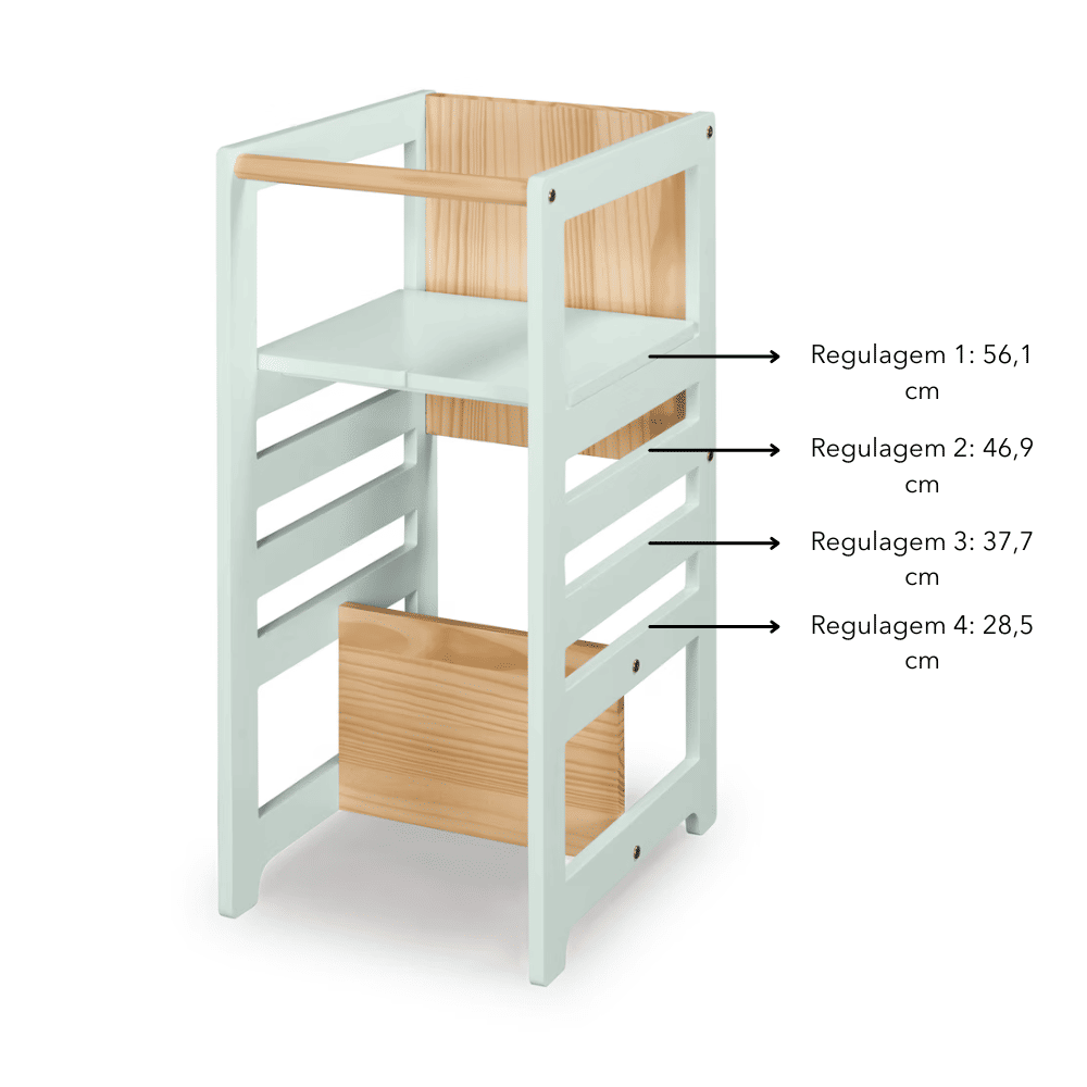 Torre de Aprendizagem Montessori 4 em 1 Verde Cadeirão Ajustável, Mesinha de Atividades, Quadro de Desenhos