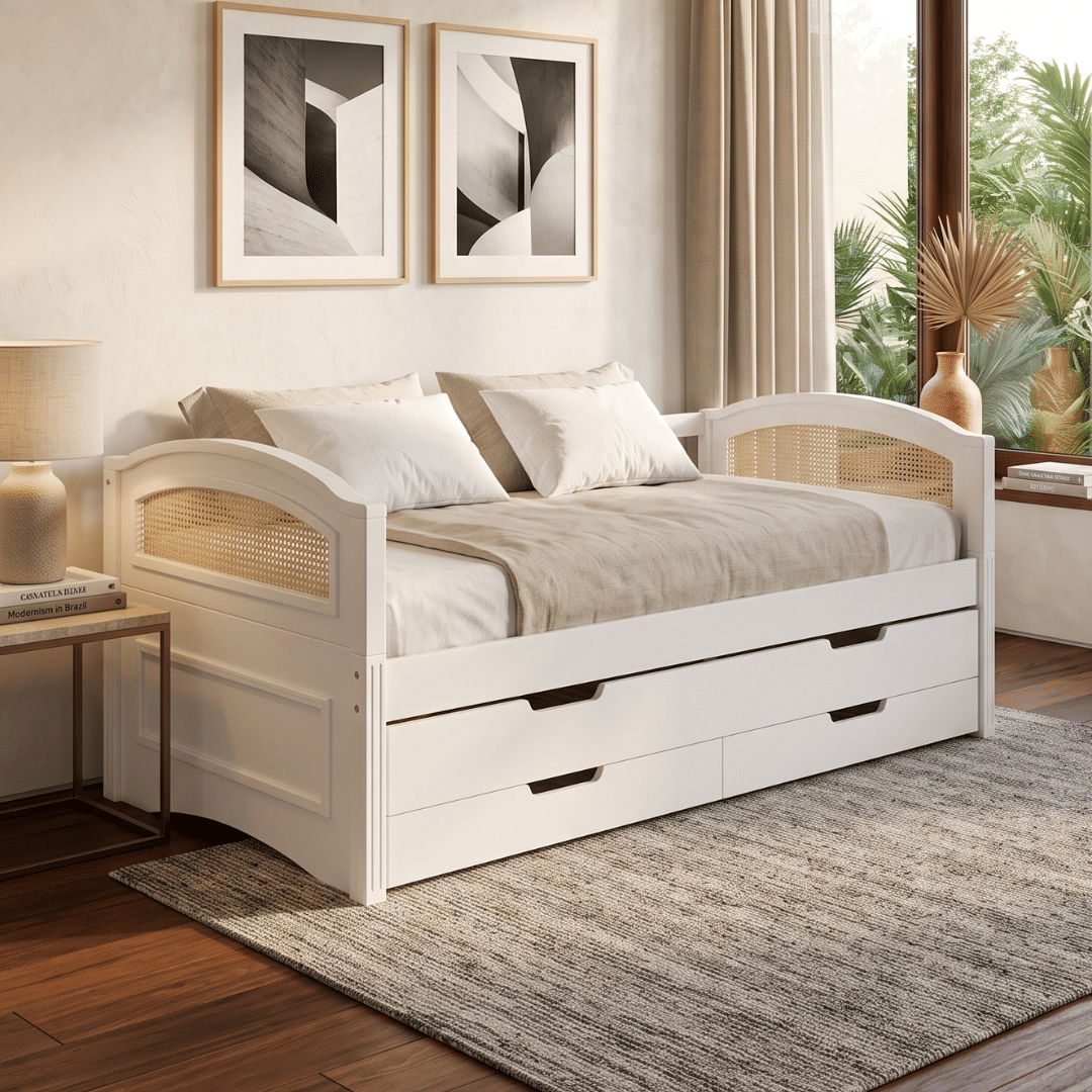 Sofá Cama com Cama Auxiliar Feliz Branco com Tela Mel Sofá Cama com Cama Auxiliar Feliz Branco com Tela Mel