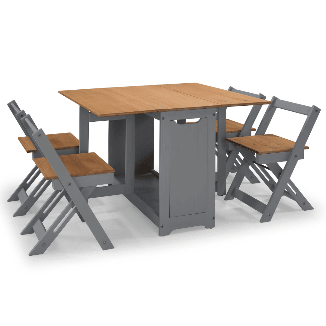 Mesa Dobrável Borboleta com 4 Cadeiras em Madeira Maciça de Pinus Cinza Cera
