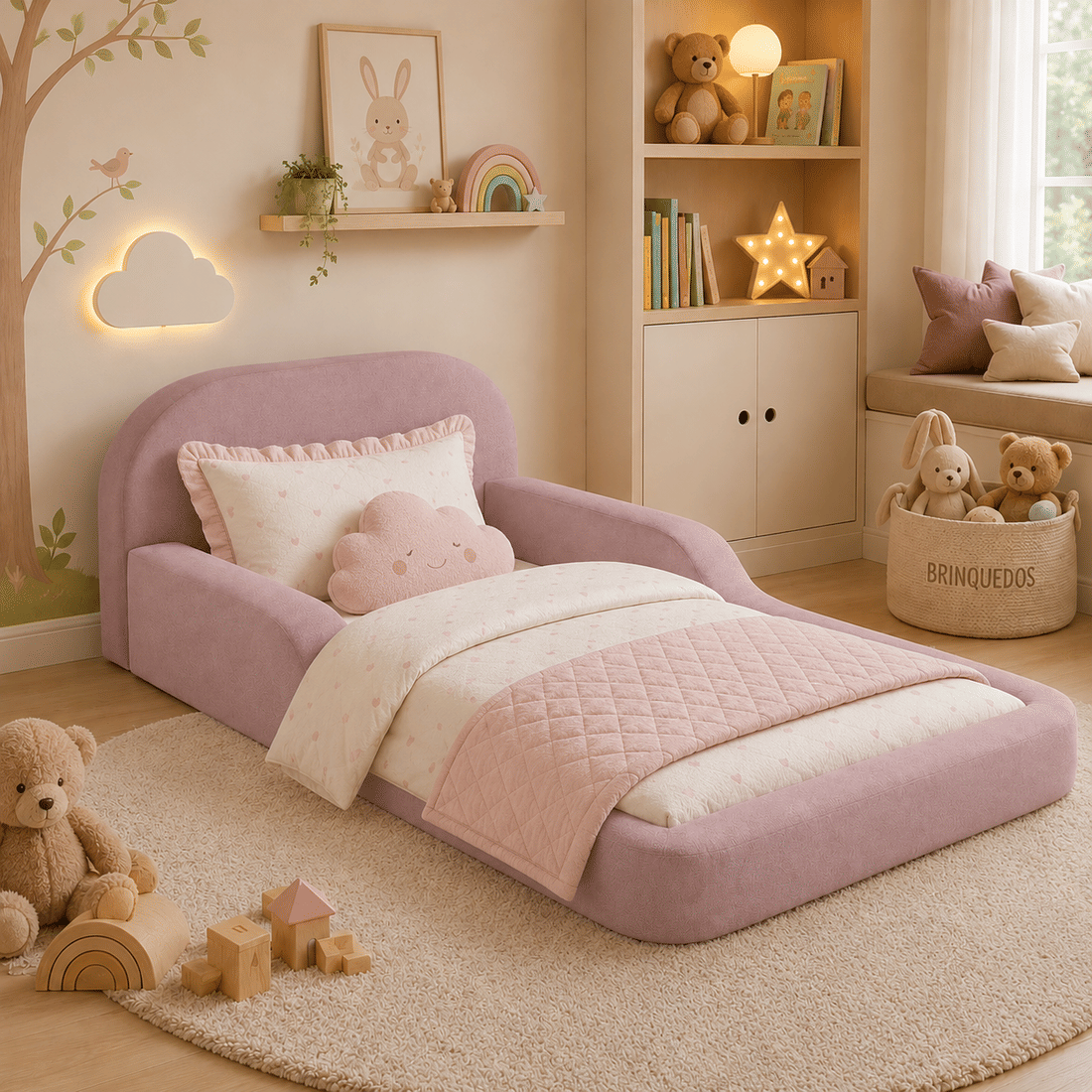 Cama Infantil de Solteiro Montessori em Espuma D28 Bouclé Rosa com Colchão Cama Infantil de Solteiro Montessori em Espuma D28 Bouclé Rosa com Colchão