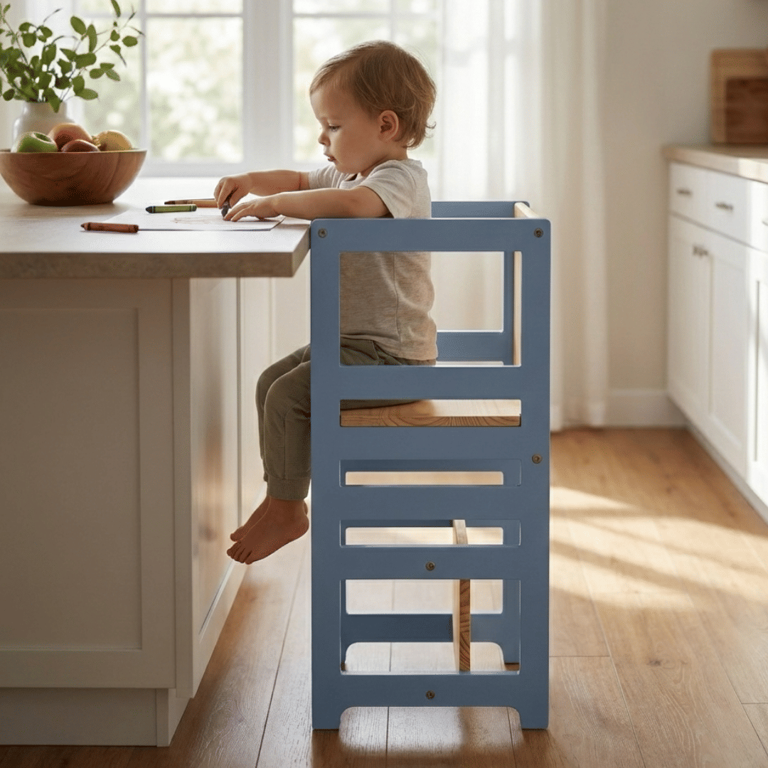 Torre de Aprendizagem Montessori 4 em 1 Azul Cadeirão Ajustável, Mesinha de Atividades, Quadro de Desenhos Torre de Aprendizagem Montessori 4 em 1 Azul Cadeirão Ajustável, Mesinha de Atividades, Quadro de Desenhos