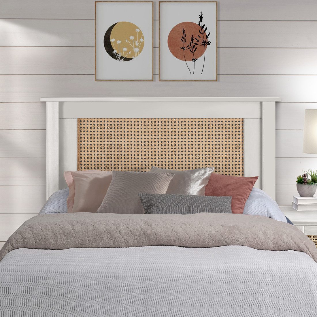 Cabeceira de Cama SOLTEIRO 94 cm Nature Madeira e Rattan na Cor Branca