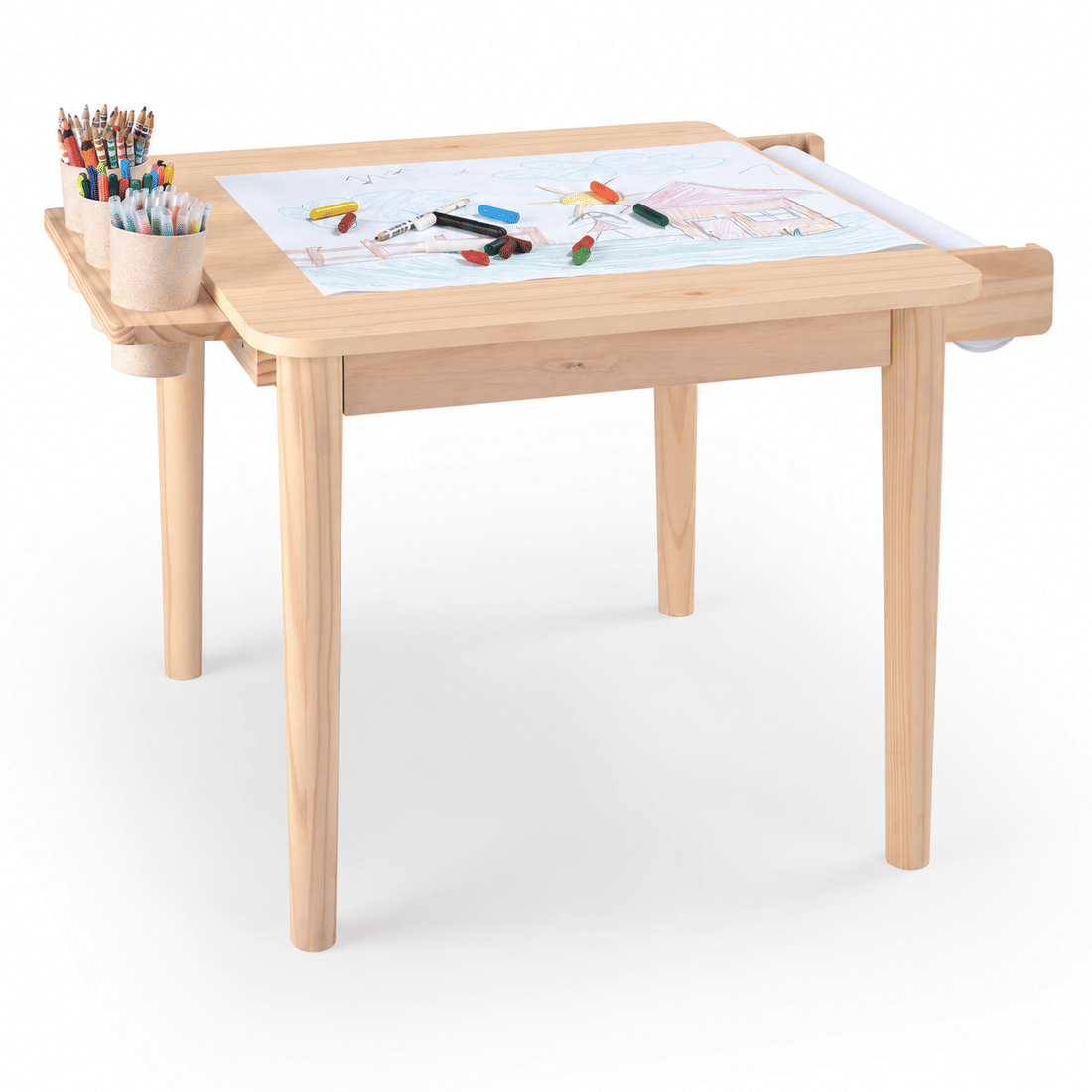 Mesa Infantil Quadrada de Madeira Maciça 61cm Natural com Porta-Lápis e Suporte para Papel