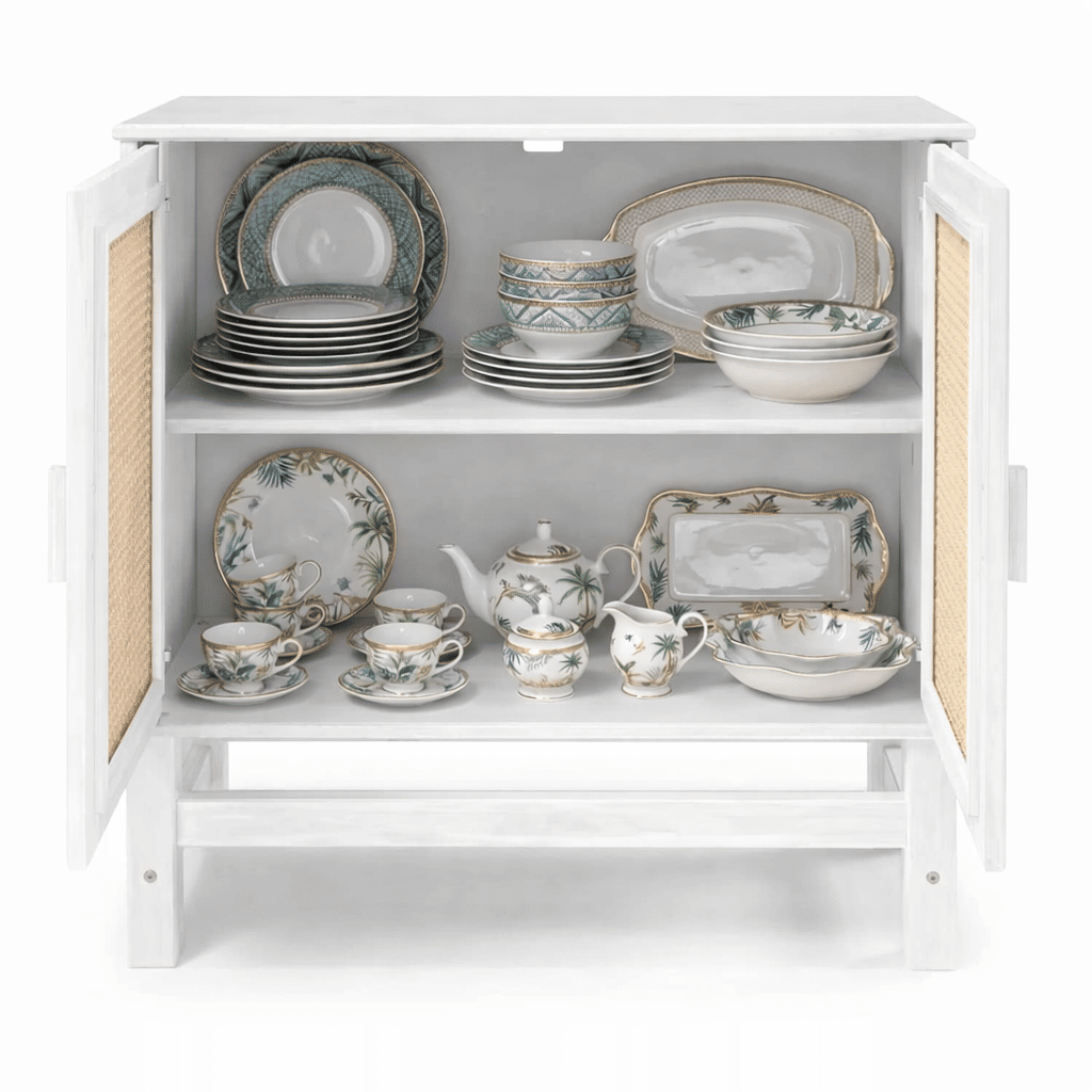 Balcão Buffet Nature em Madeira e Rattan Natural 02 Portas na Cor Branca