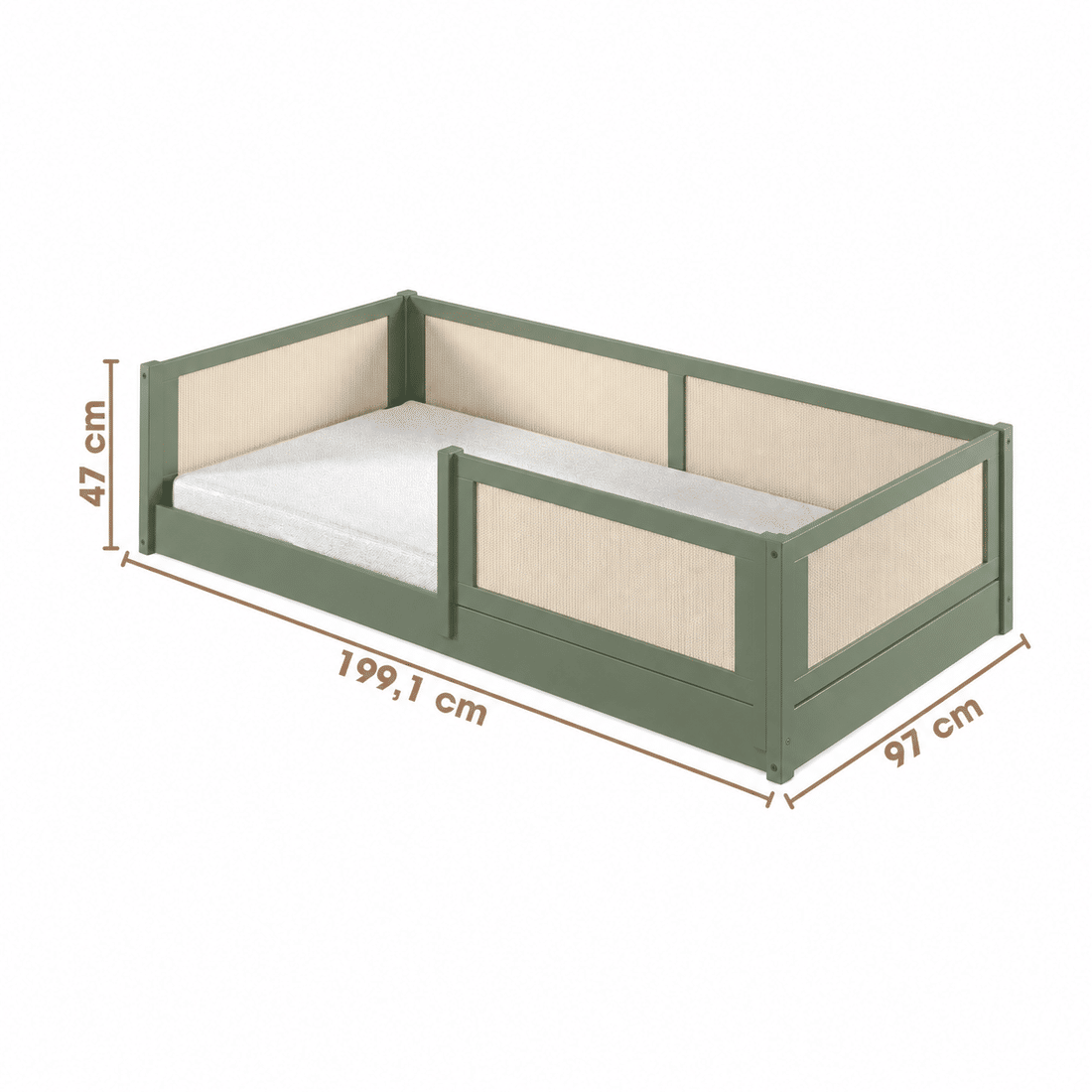 Cama Infantil de Solteiro Montessori Verde Oliva Com Rattan
