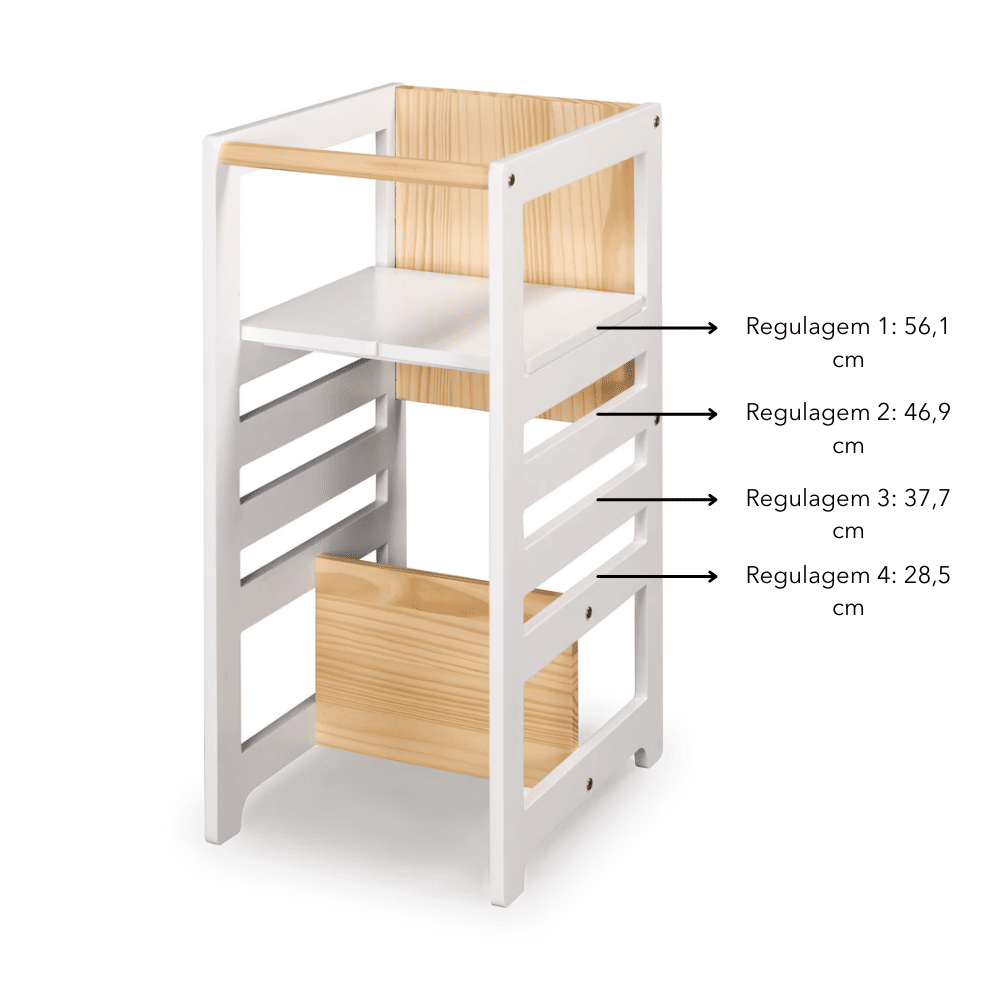Torre de Aprendizagem Montessori 4 em 1 Branca Cadeirão Ajustável, Mesinha de Atividades, Quadro de Desenhos