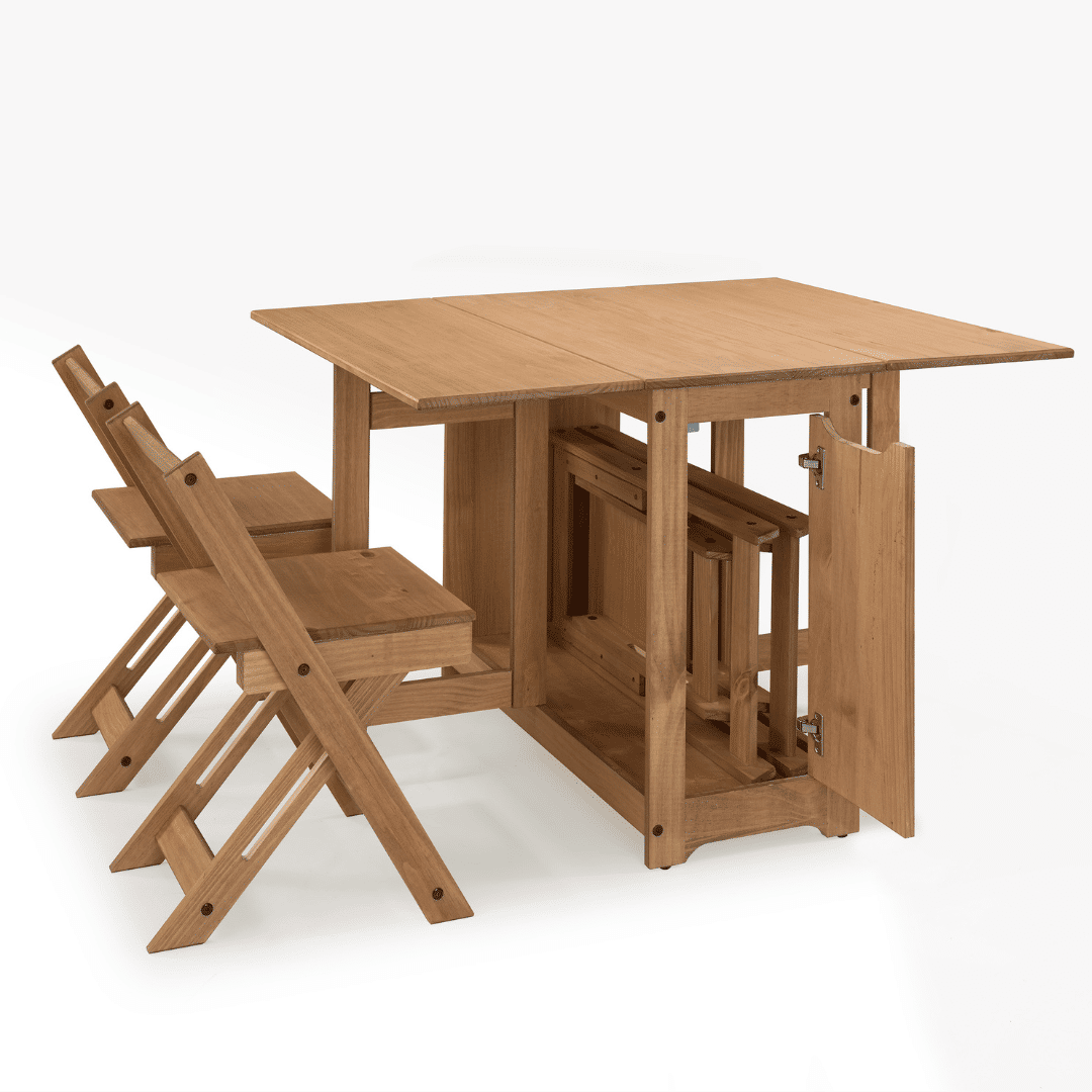 Mesa Dobrável Borboleta com 4 Cadeiras em Madeira Maciça de Pinus Cera
