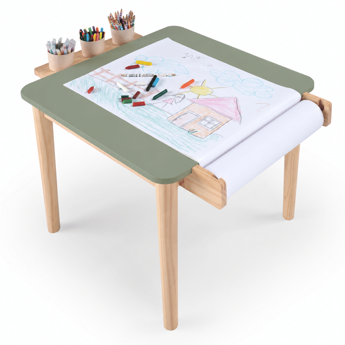 Mesa Infantil Quadrada de Madeira Maciça 61cm Verde Oliva com Porta-Lápis e Suporte para Papel Mesa Infantil Quadrada de Madeira Maciça 61cm Verde Oliva com Porta-Lápis e Suporte para Papel