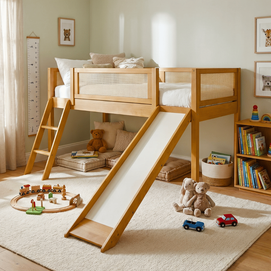 Cama Infantil de Solteiro Com Escorregador Bloomie em Madeira Maciça Pinus Mel Com Rattan Natural