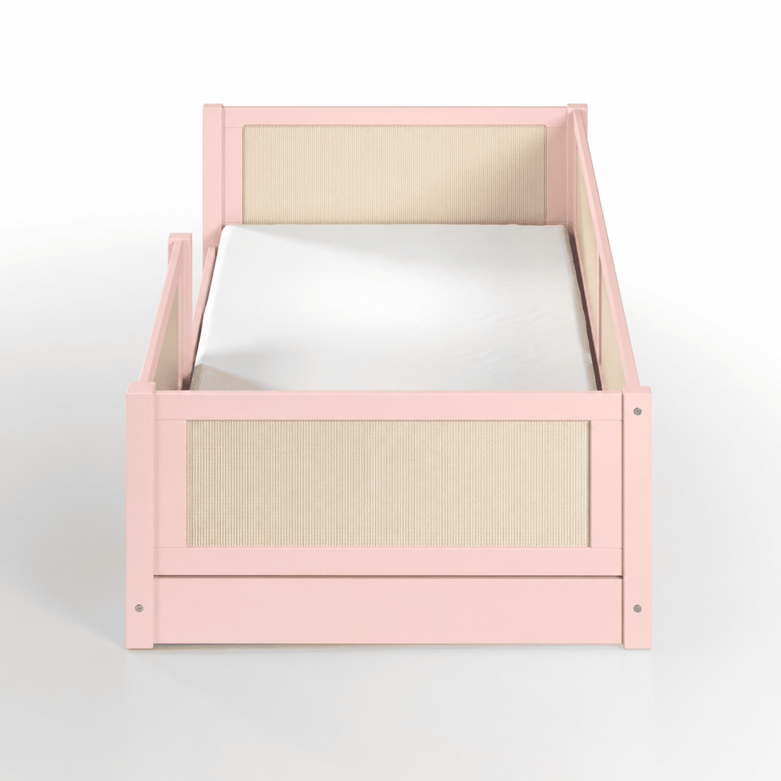 Cama Infantil de Solteiro Montessori Rosa Com Rattan
